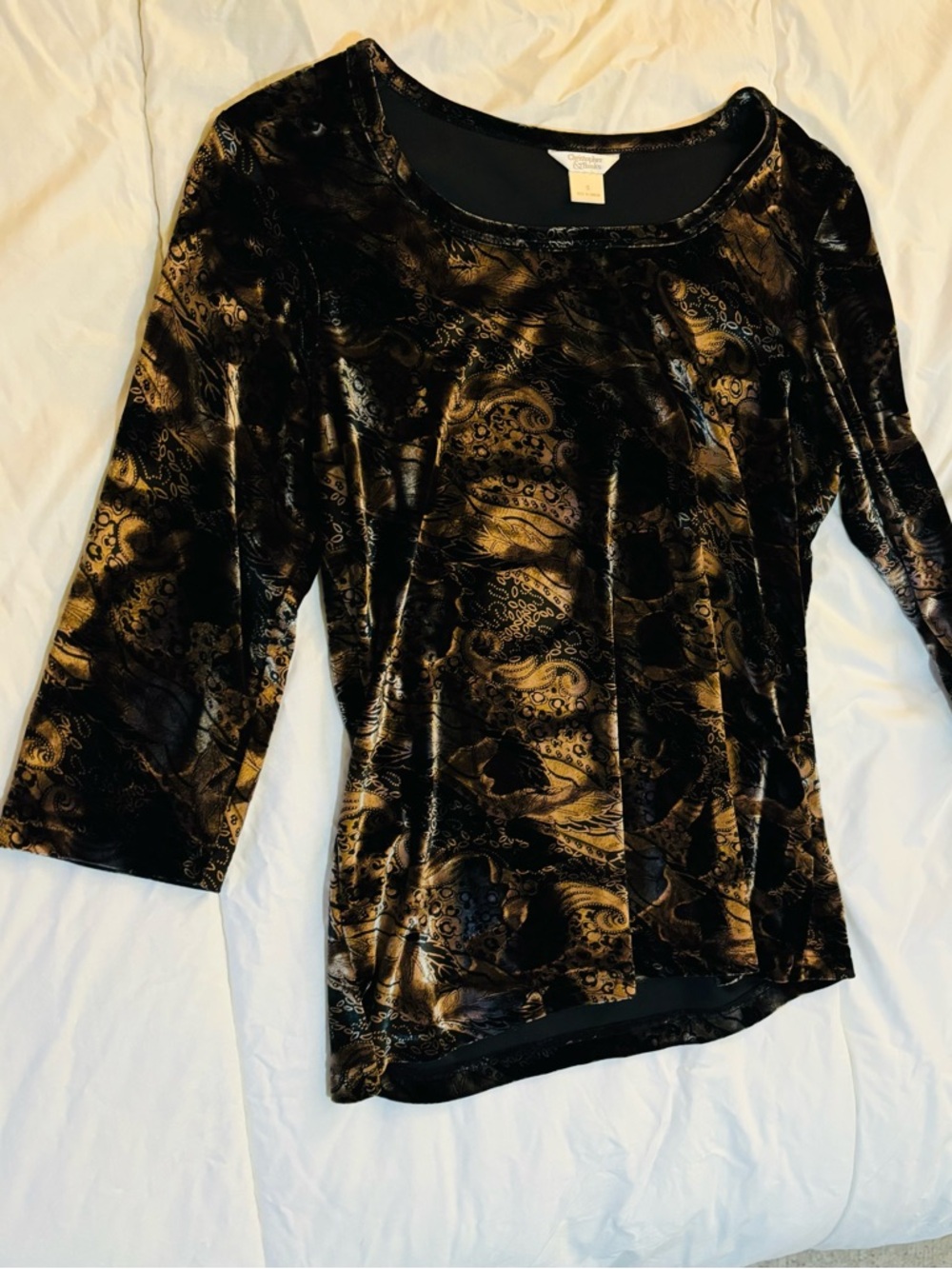 Christopher & Banks Black silver and Gold Patterned Blouse velvet - Picture 8 of 9